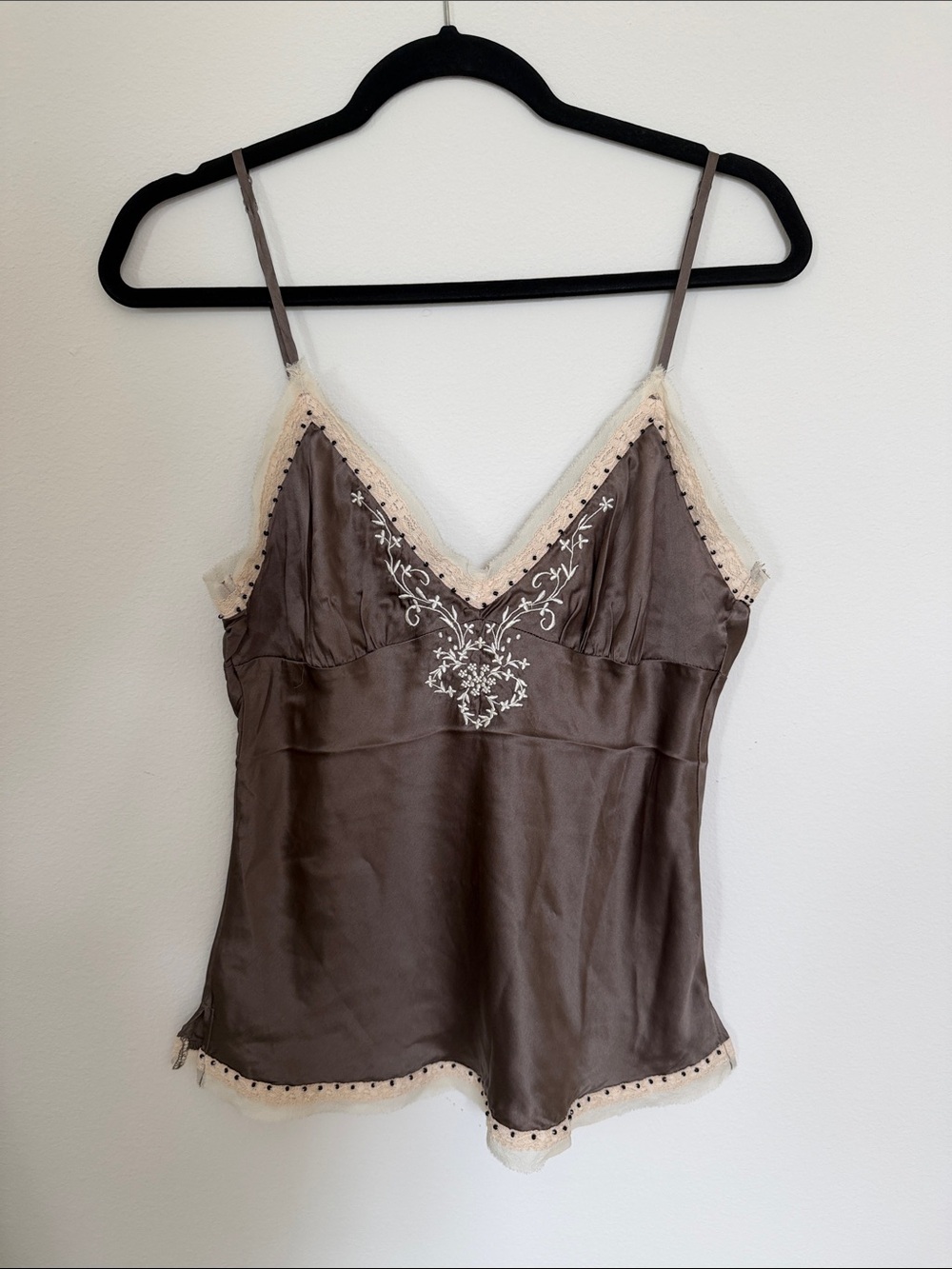 Gold Hawk Satin Brown Lace-Trim Slip Camisole with Floral Embroidery 100% Silk